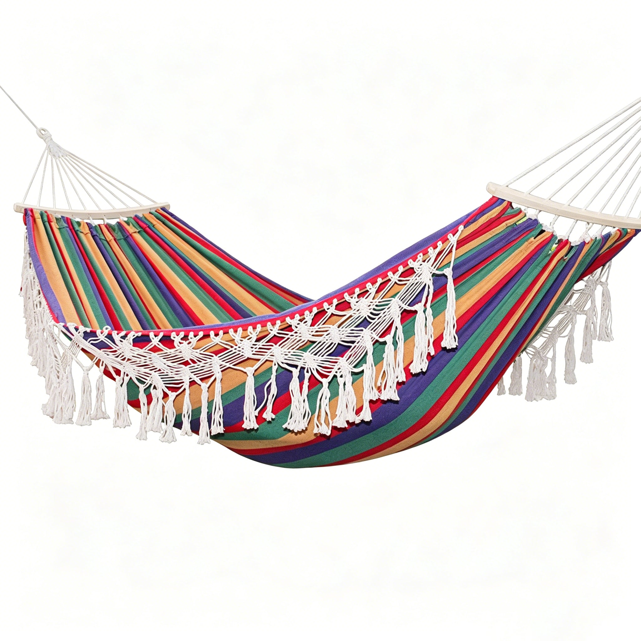 Canvas Hammock with Wooden Poles Double Widen Anti-Rollover 60cm Tassel Design