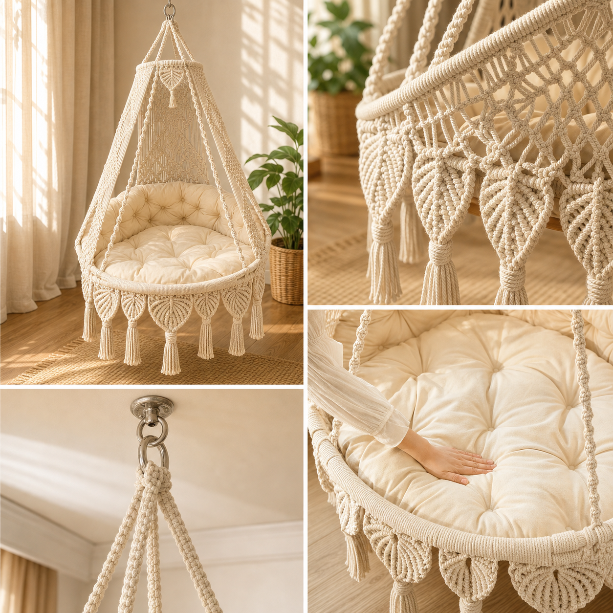 Luxury Handwoven Cotton Hanging Chair with Thick Cushion