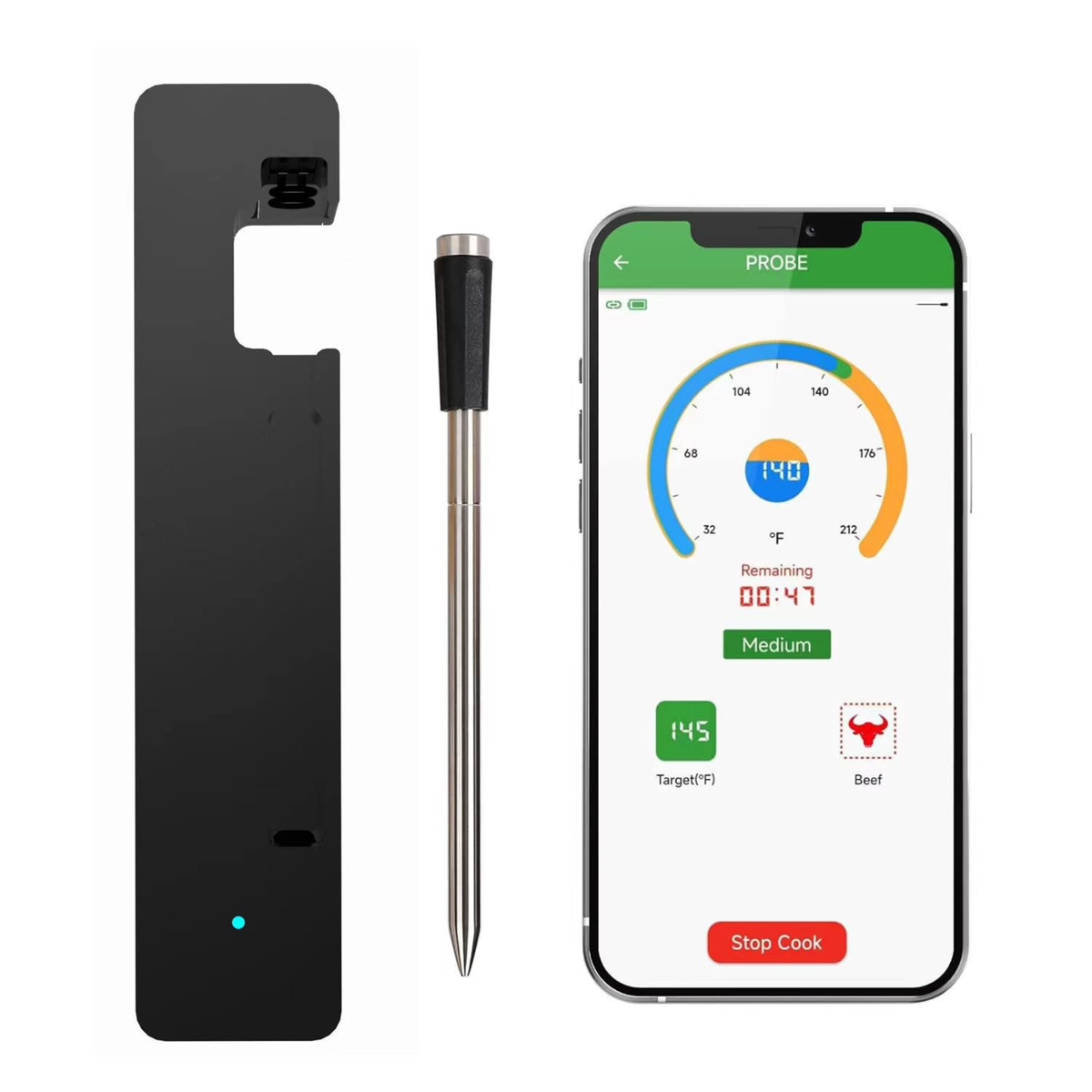 Wireless Bluetooth Meat Thermometer Smart BBQ Probe with App Control Super Capacitor Fast Charging IPX8 Waterproof - T13