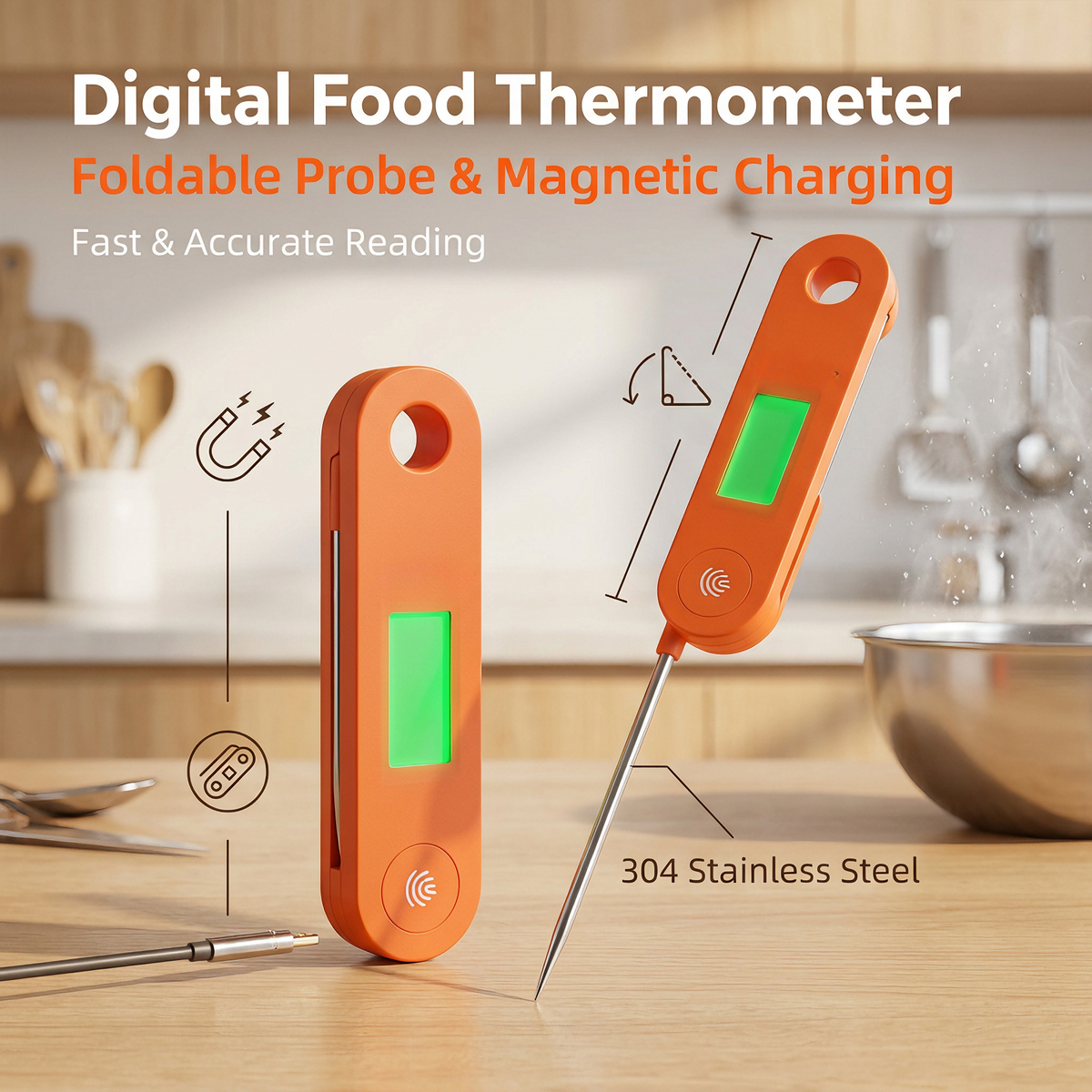 Foldable Probe Anti-Scald Digital Kitchen Food Thermometer with Magnetic Rechargeable Design - T11