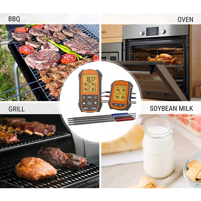 Wireless Meat Thermometer with 4 Probes for BBQ Grill & Smoker-T6