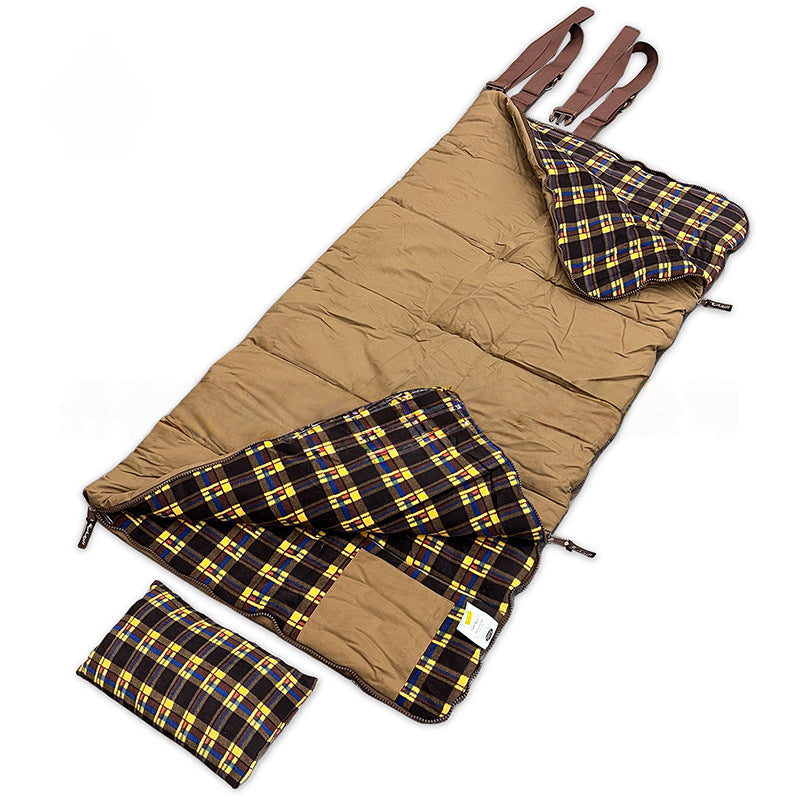Heavy-Duty Plaid Flannel Sleeping Bag with Roll-Up Straps & Carry Bag-S9