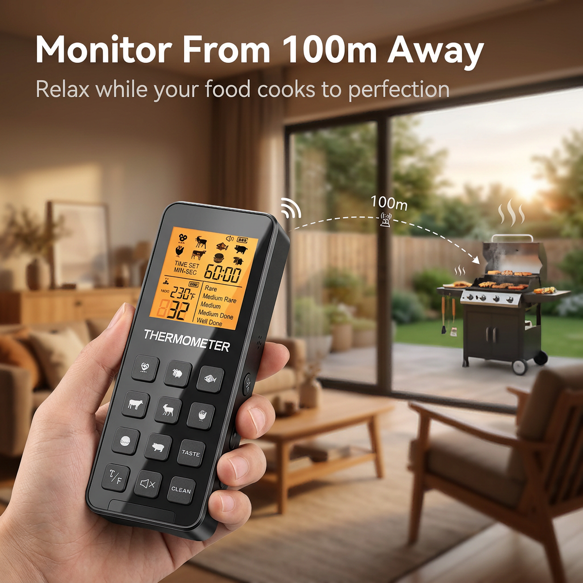 Wireless Remote Food Thermometer, Single Probe, Alarm, Fast Charging, No App Needed, LCD Display - T14