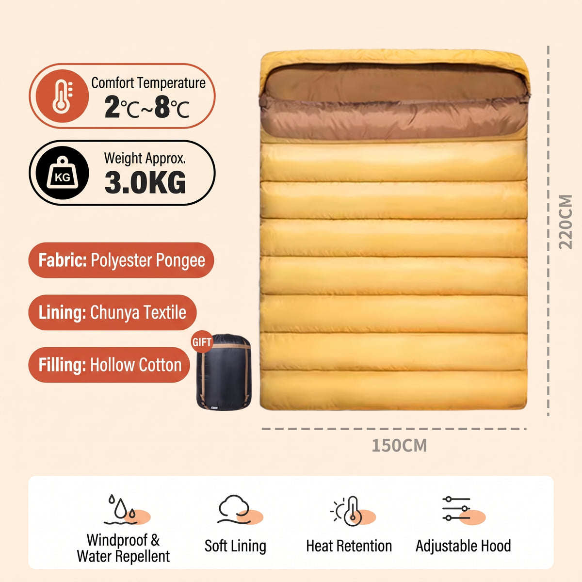 Double Sleeping Bag Detachable Camping Warm Cotton Waterproof Winter Hiking-S1