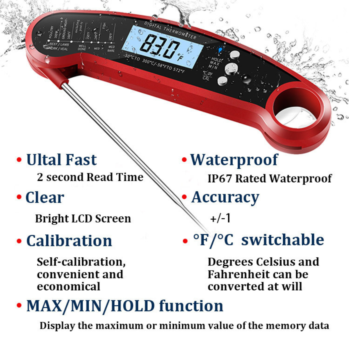 Digital Instant-Read Foldable Food Thermometer, High-Precision Kitchen & BBQ Probe - T16