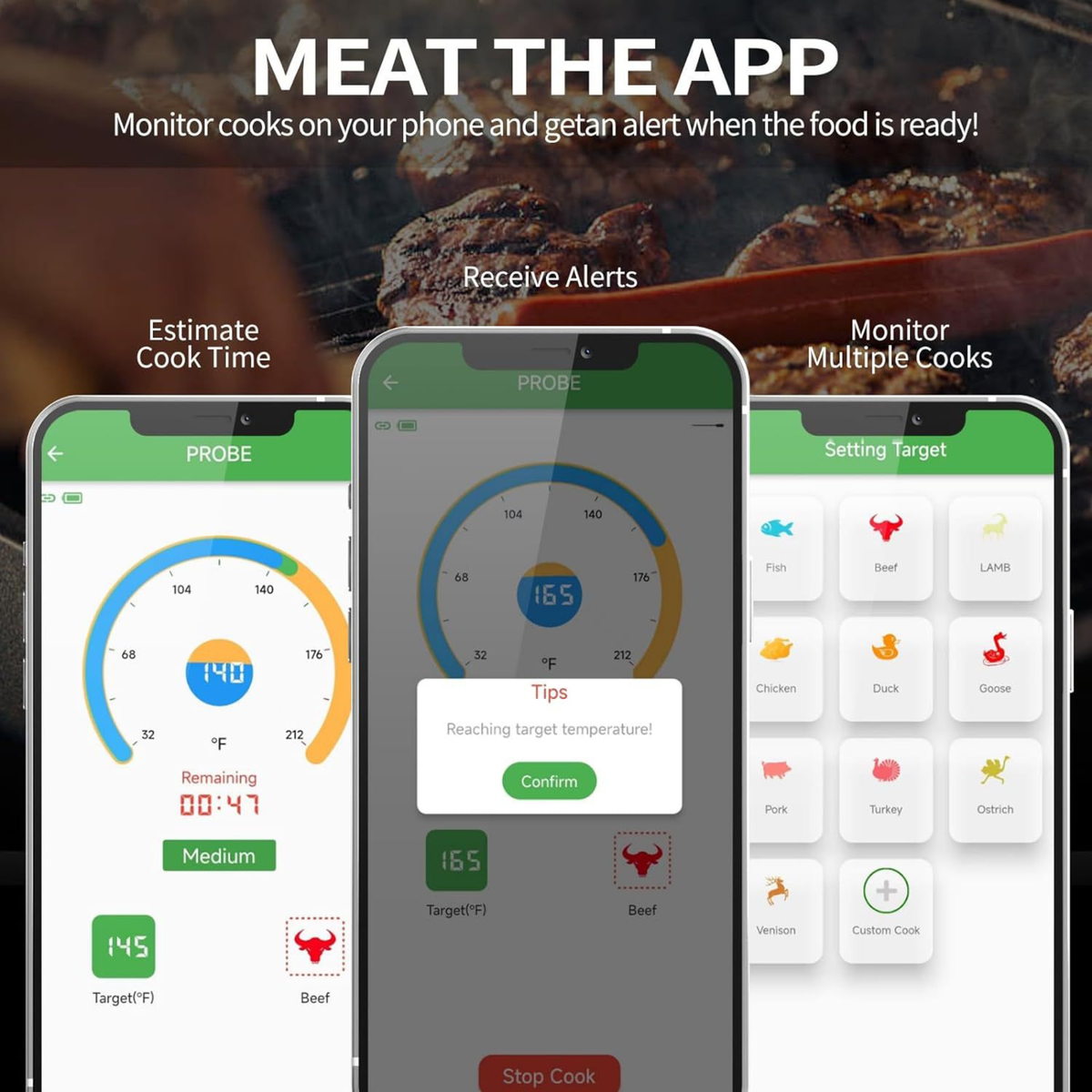 Wireless Bluetooth Meat Thermometer Smart BBQ Probe with App Control Super Capacitor Fast Charging IPX8 Waterproof - T13