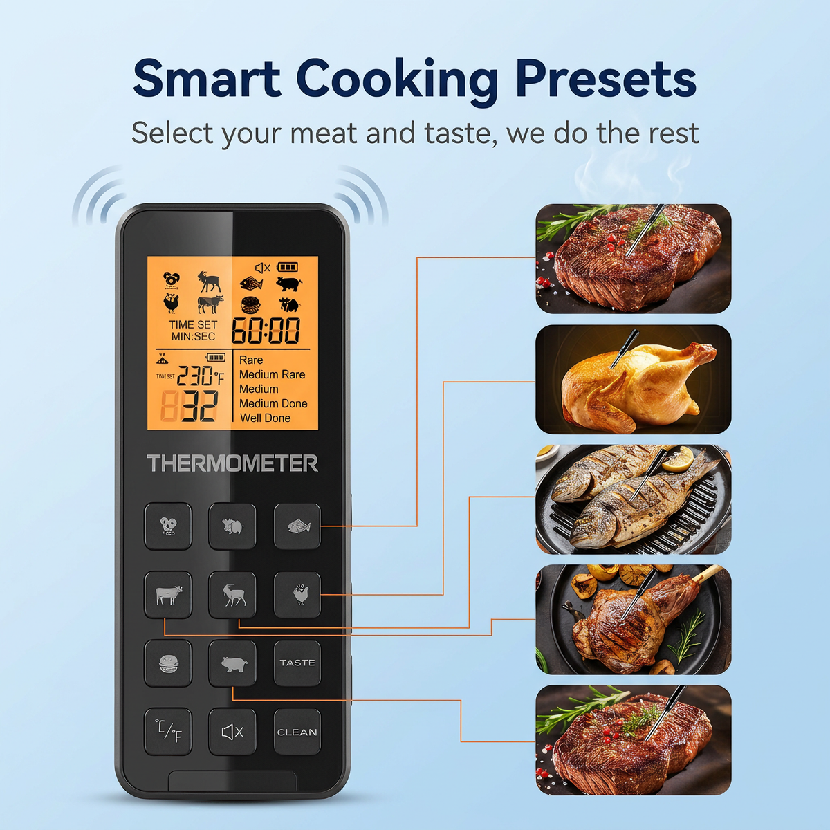 Wireless Remote Food Thermometer, Single Probe, Alarm, Fast Charging, No App Needed, LCD Display - T14