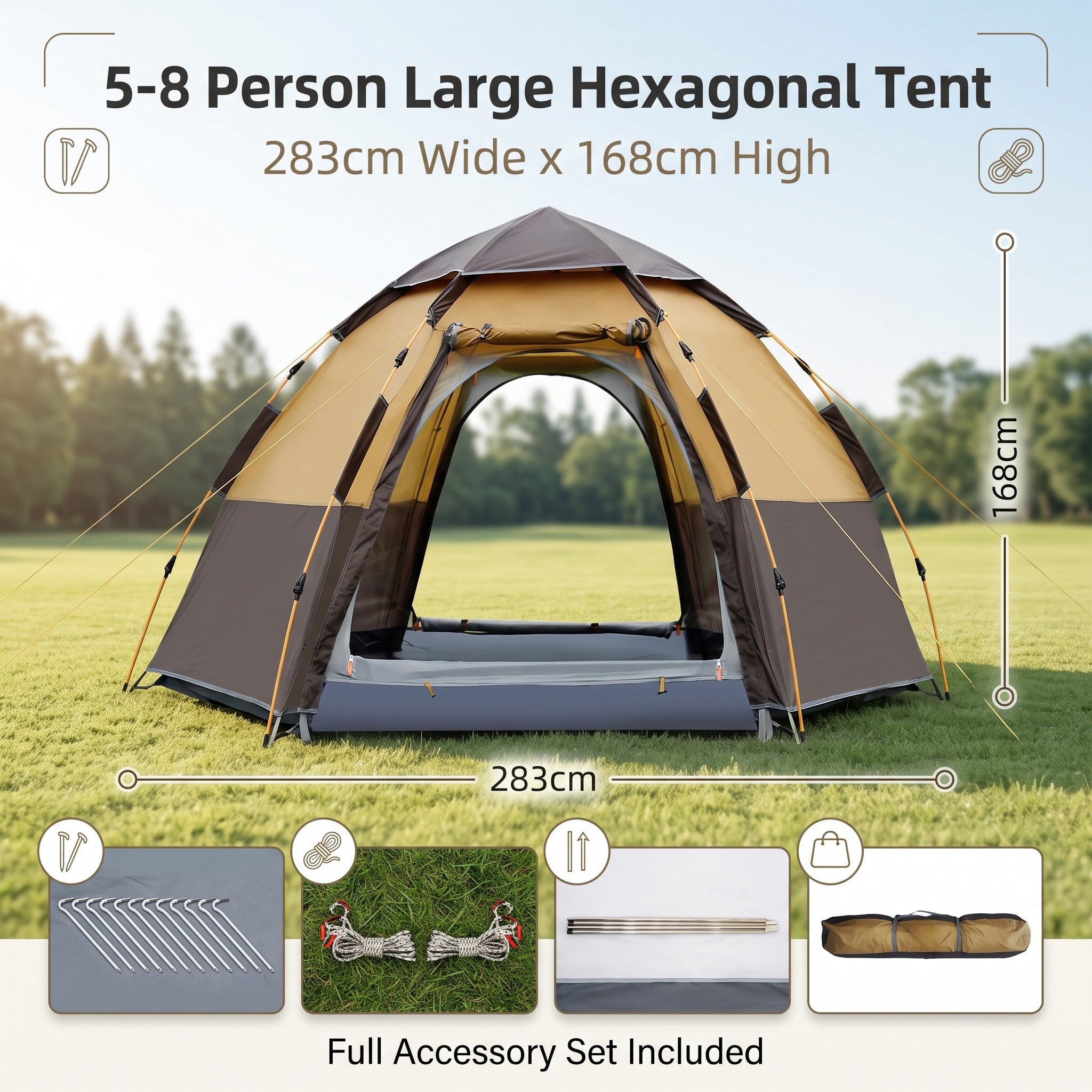 Large 5-8 Person Hexagonal Camping Tent Outdoor Mosquito-proof 3-Second Auto Pop-Up Waterproof