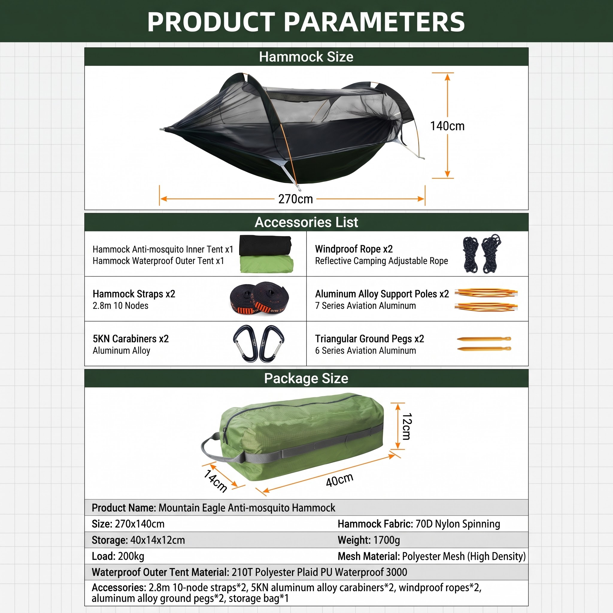 Ultralight Camping Hammock with Integrated Mosquito Net -H26