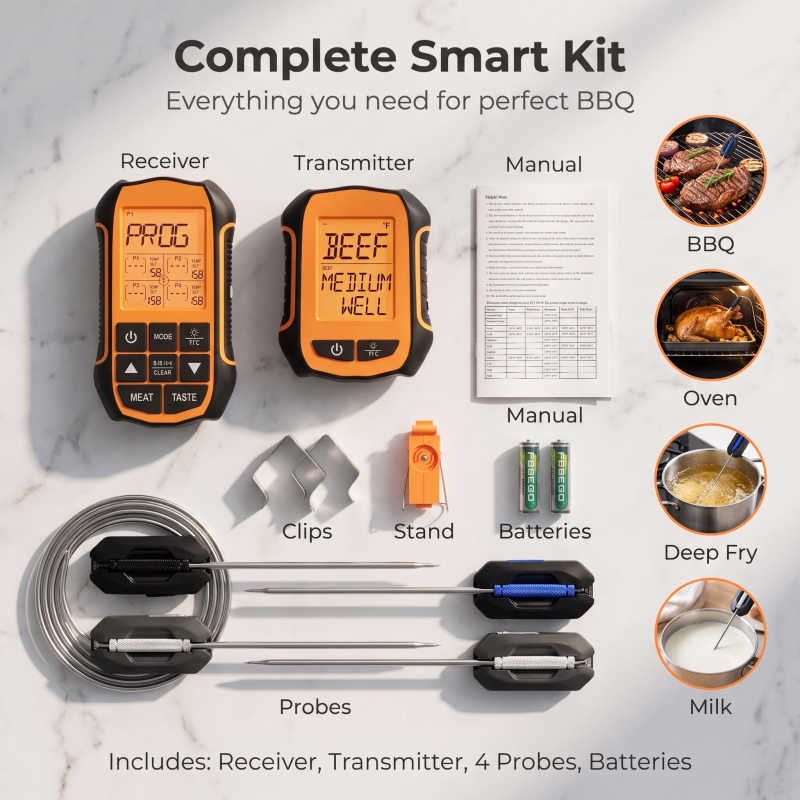 Wireless Meat Thermometer with 4 Probes for BBQ Grill & Smoker-T6