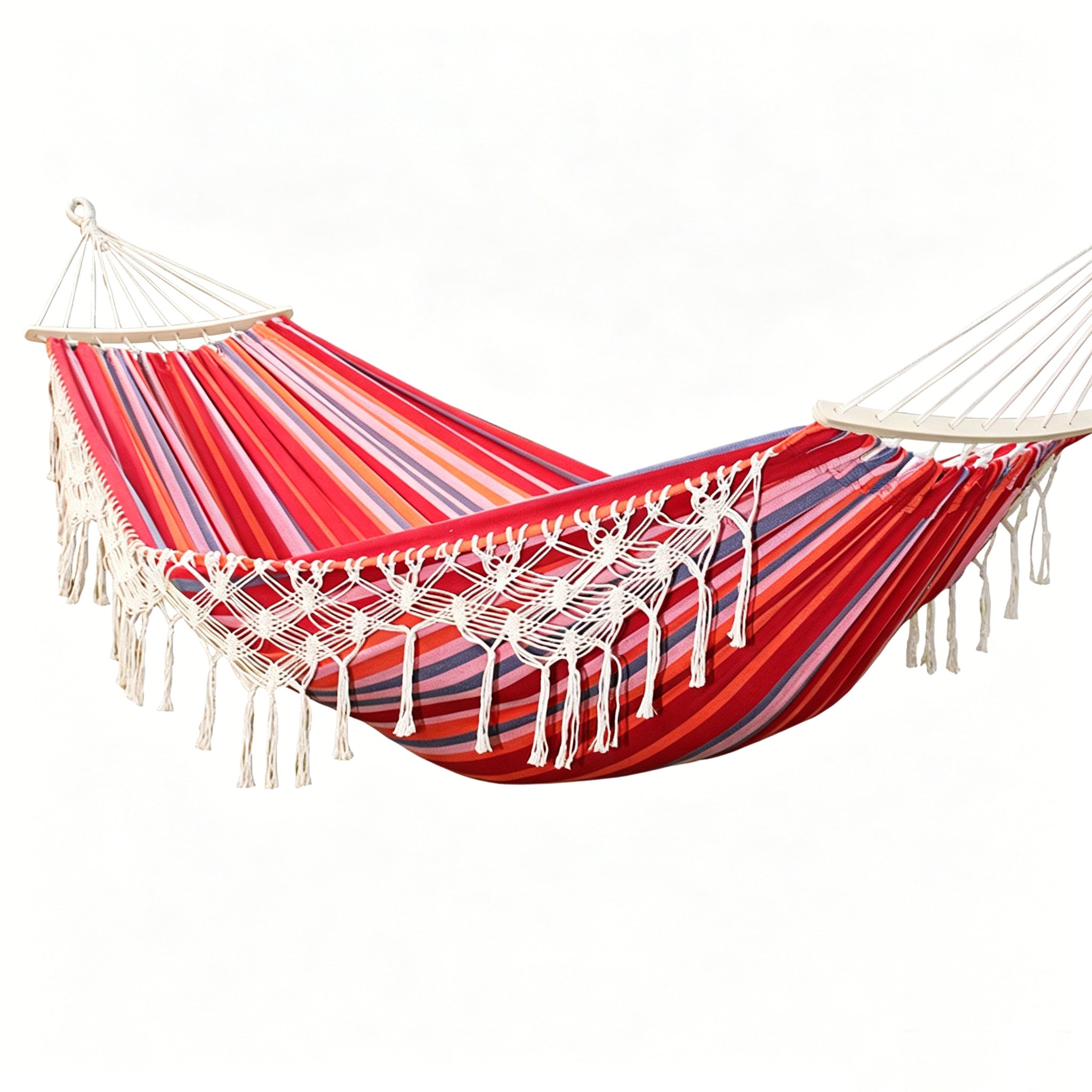Canvas Hammock with Wooden Poles Double Widen Anti-Rollover 60cm Tassel Design