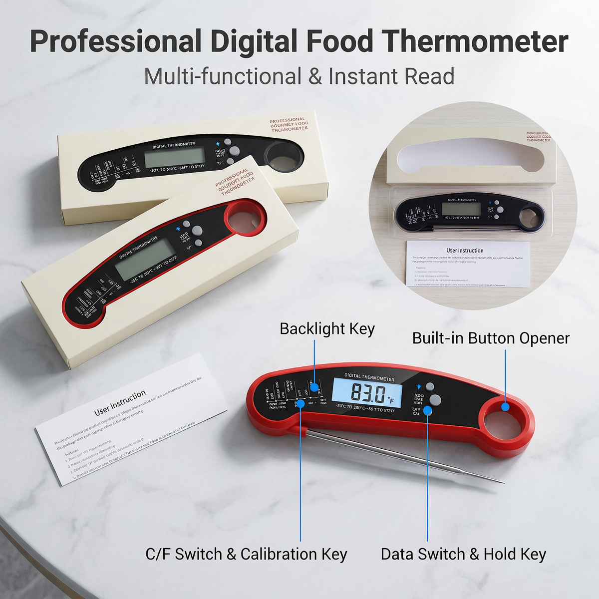 Digital Instant-Read Foldable Food Thermometer, High-Precision Kitchen & BBQ Probe - T16