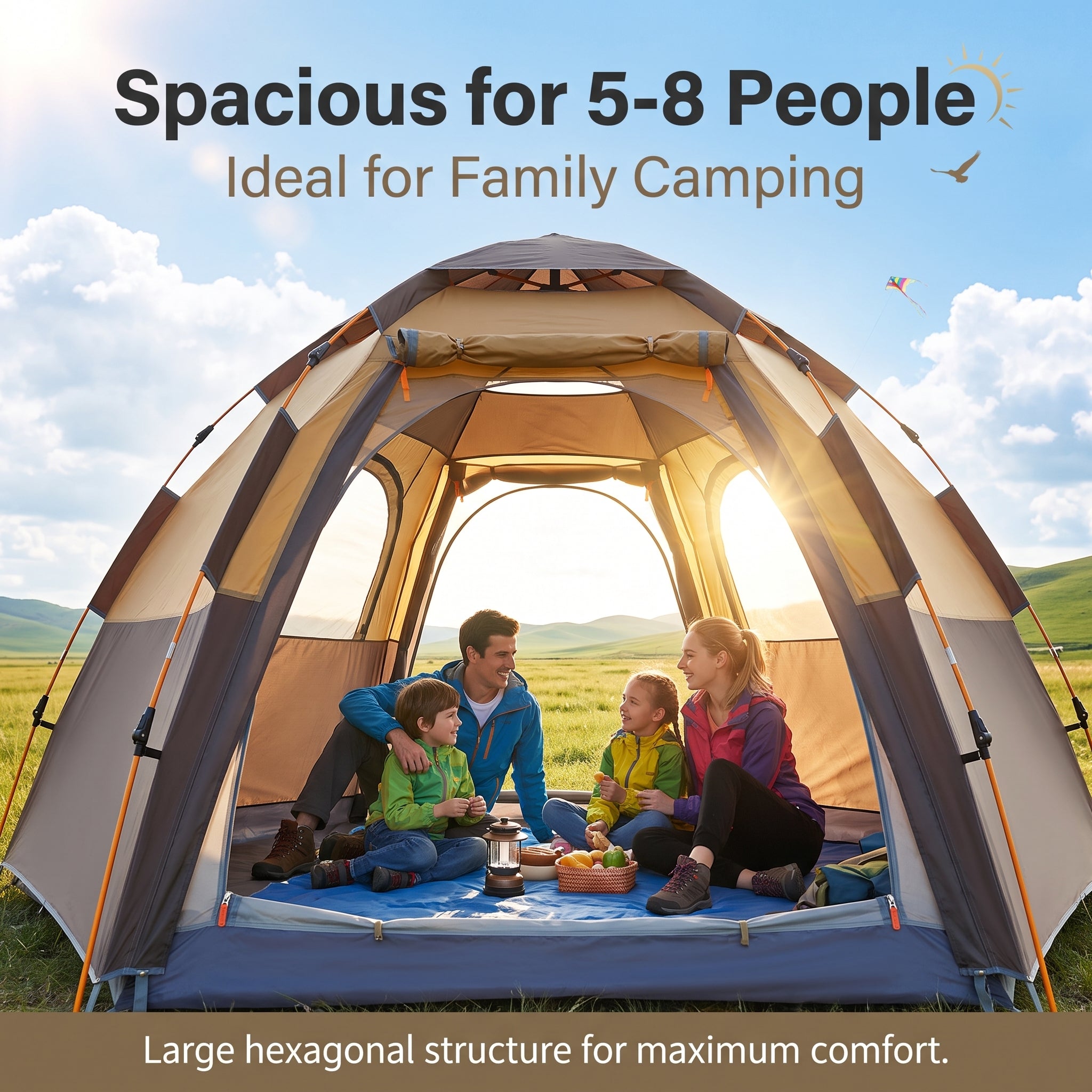 Large 5-8 Person Hexagonal Camping Tent Outdoor Mosquito-proof 3-Second Auto Pop-Up Waterproof