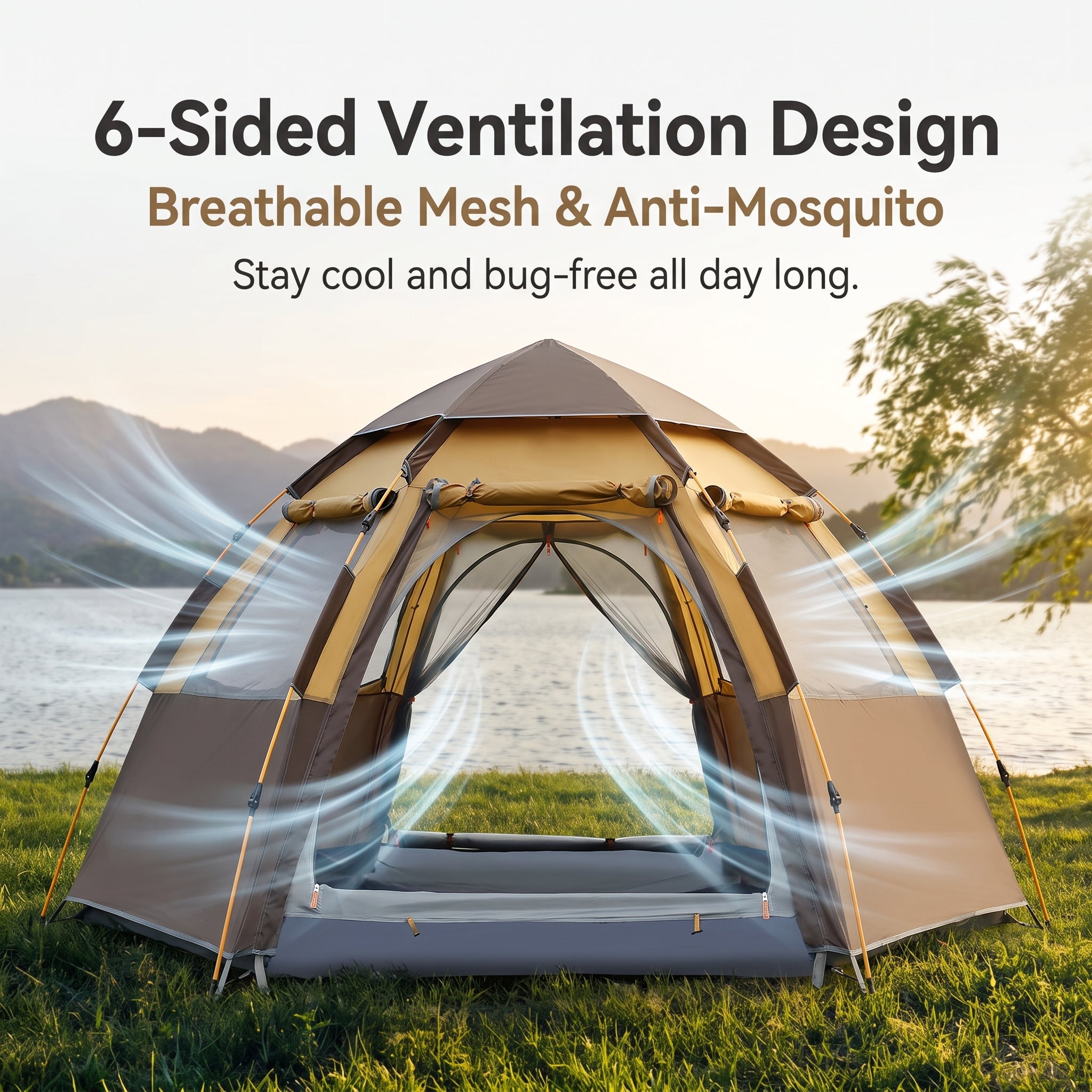 Large 5-8 Person Hexagonal Camping Tent Outdoor Mosquito-proof 3-Second Auto Pop-Up Waterproof