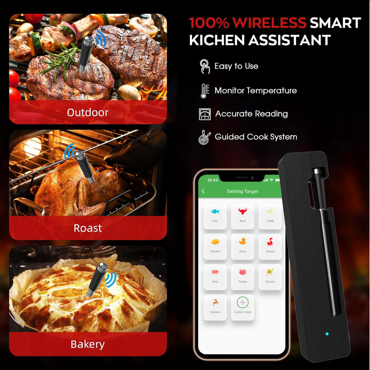 Wireless Bluetooth Meat Thermometer Smart BBQ Probe with App Control Super Capacitor Fast Charging IPX8 Waterproof - T13