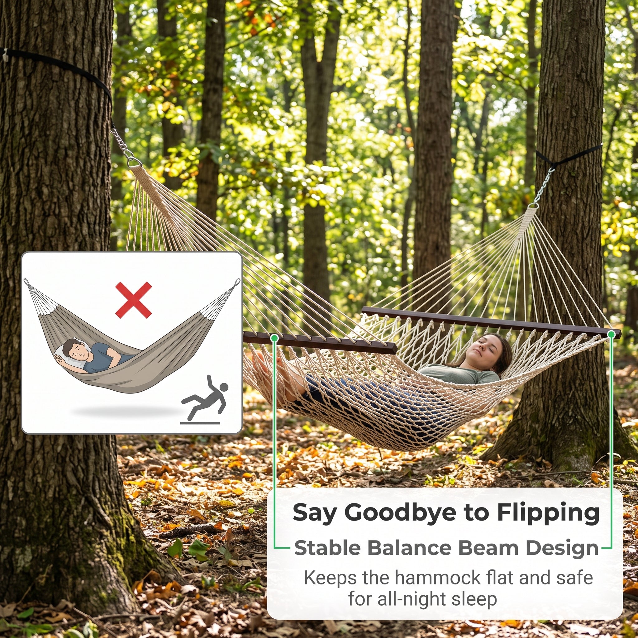 Breathable Mesh Hammock with Wooden Spreader Bars - Capacity Outdoor Hammock