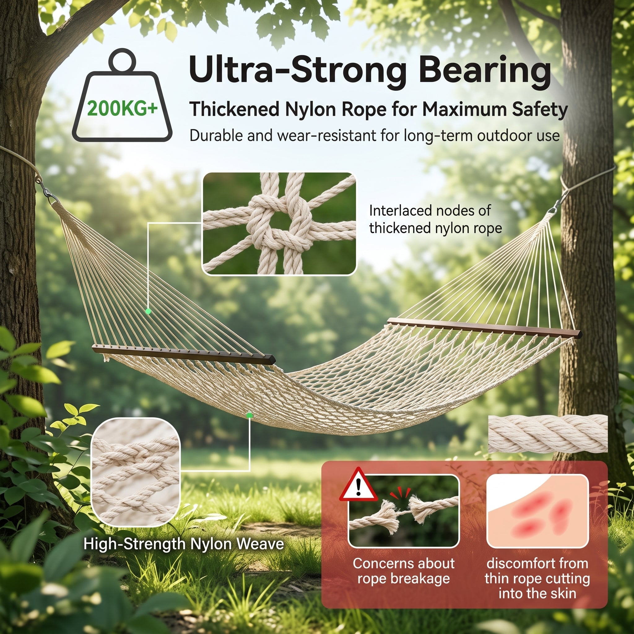 Breathable Mesh Hammock with Wooden Spreader Bars - Capacity Outdoor Hammock