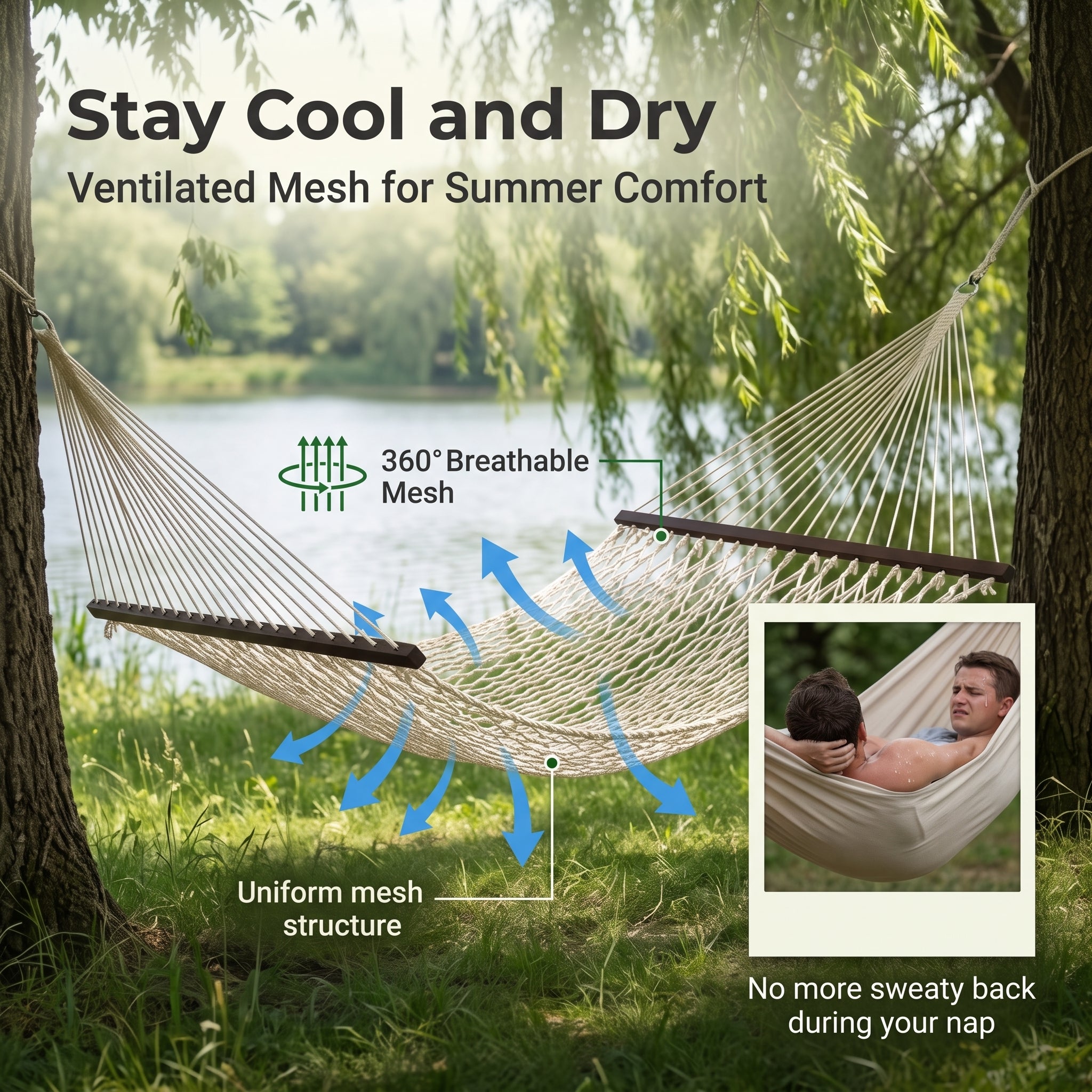 Breathable Mesh Hammock with Wooden Spreader Bars - Capacity Outdoor Hammock