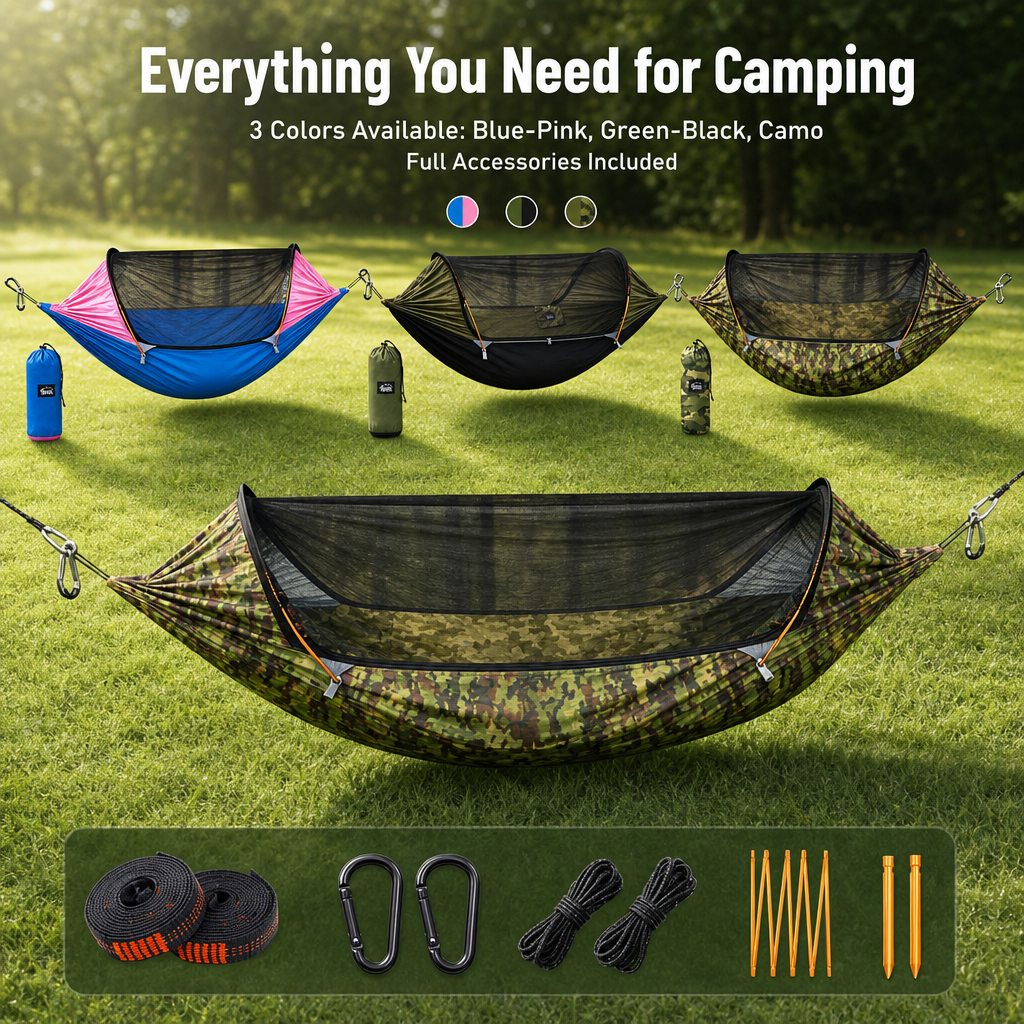 Portable Camping Hammock with Mosquito Net - Heavy Duty Parachute Nylon Hammock