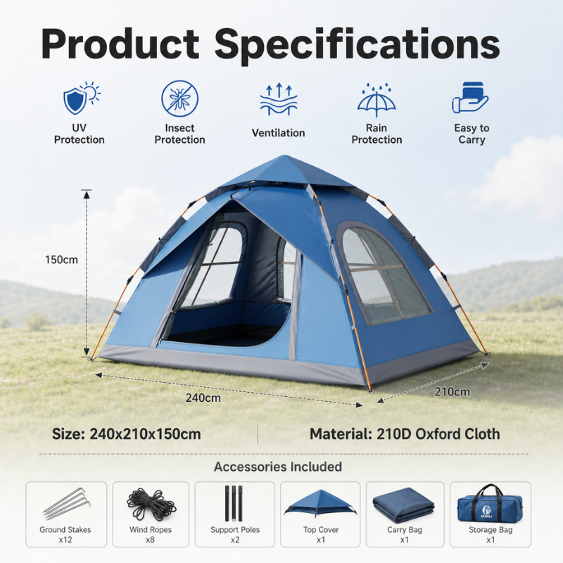 Portable & Foldable Outdoor Tent - UV Protection Silver Coating, Large Family Space
