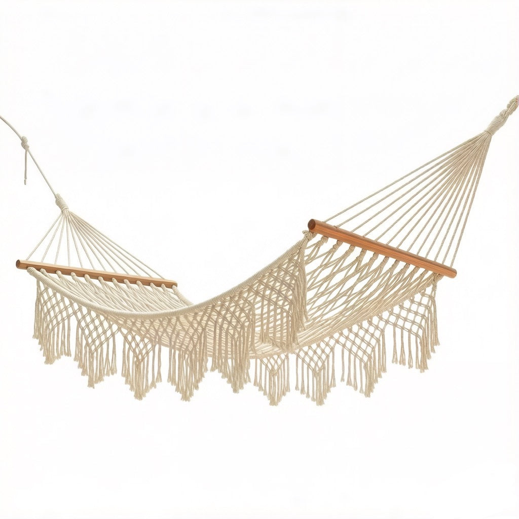 The Coastal Boho Hand-Woven Fringe Hammock – Premium Double Rope Spreader-Bar Hammock