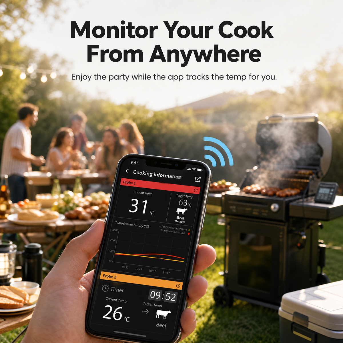 6-Channel Wireless BBQ Thermometer with Charging Dock & Ceramic Probes /T3