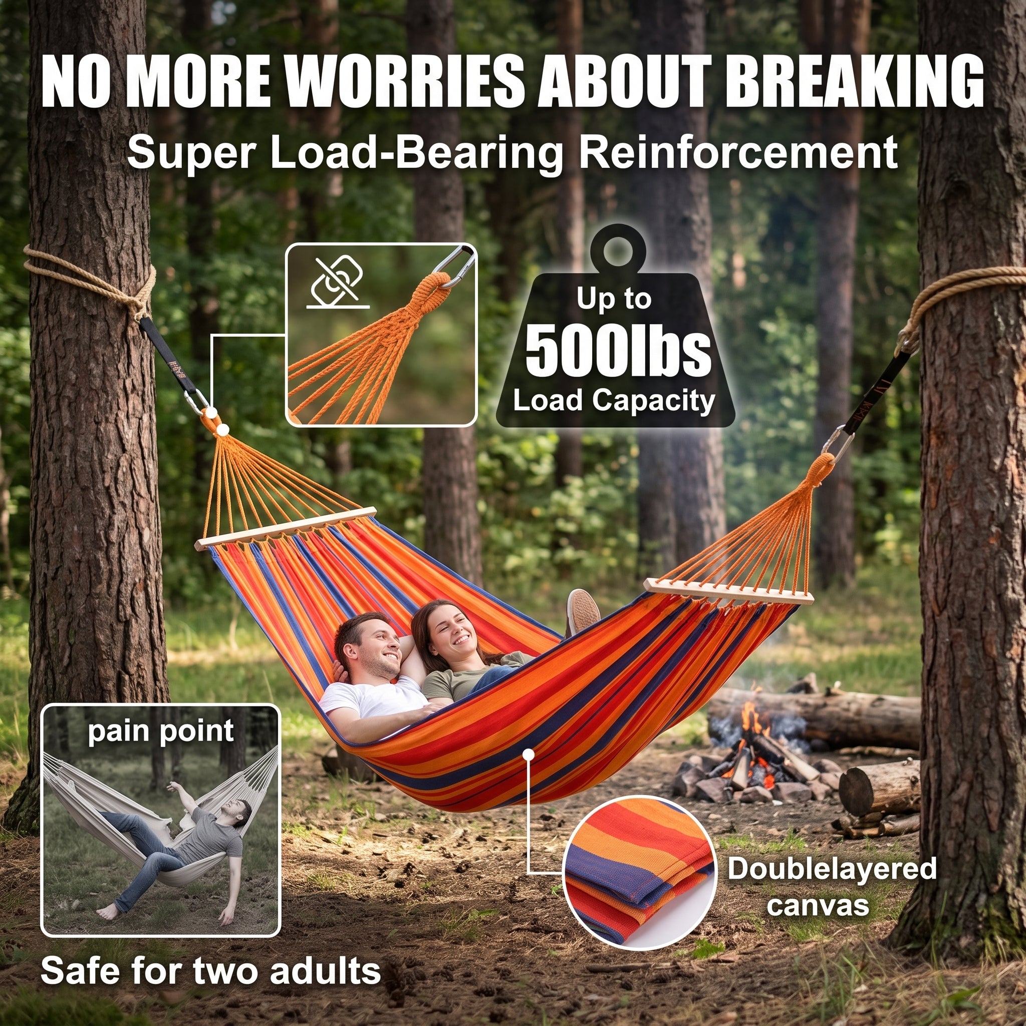 Extra Large Cotton Canvas Camping Hammock - 500lbs Heavy Duty Double Hammock
