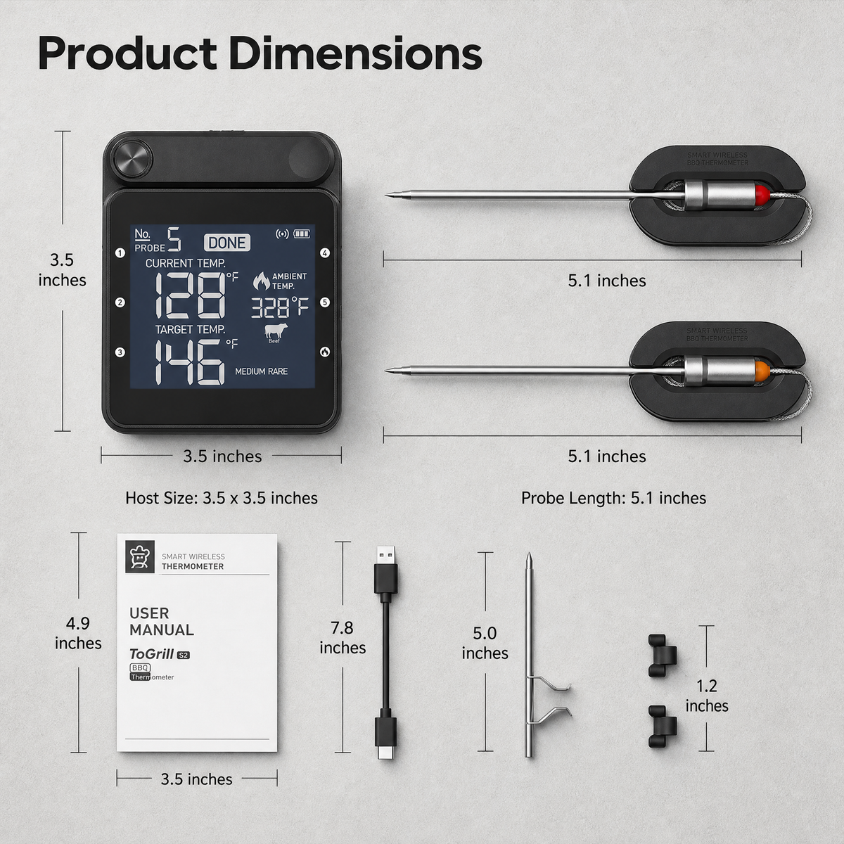 6-Channel Wireless BBQ Thermometer with Charging Dock & Ceramic Probes /T3