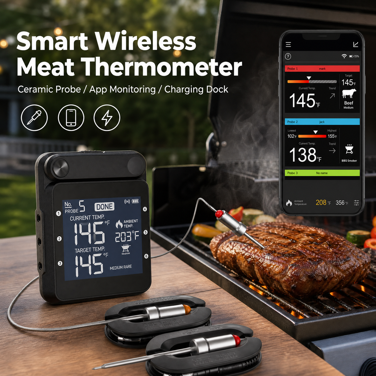 6-Channel Wireless BBQ Thermometer with Charging Dock & Ceramic Probes /T3