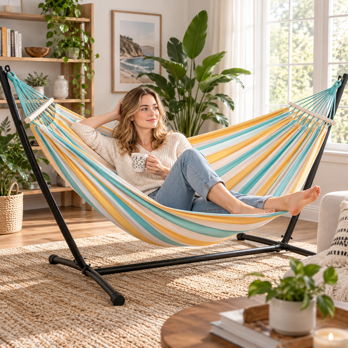 Thick Canvas Double Hammock for Adult Camping Stable Anti-Tip Swing -H55