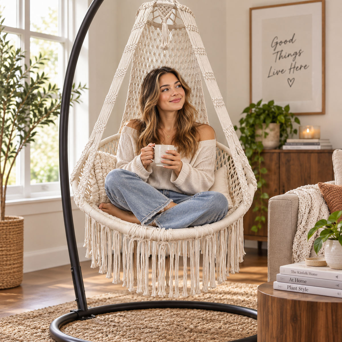 Luxury Boho Cotton Rope Hanging Chair with Cushion -A9