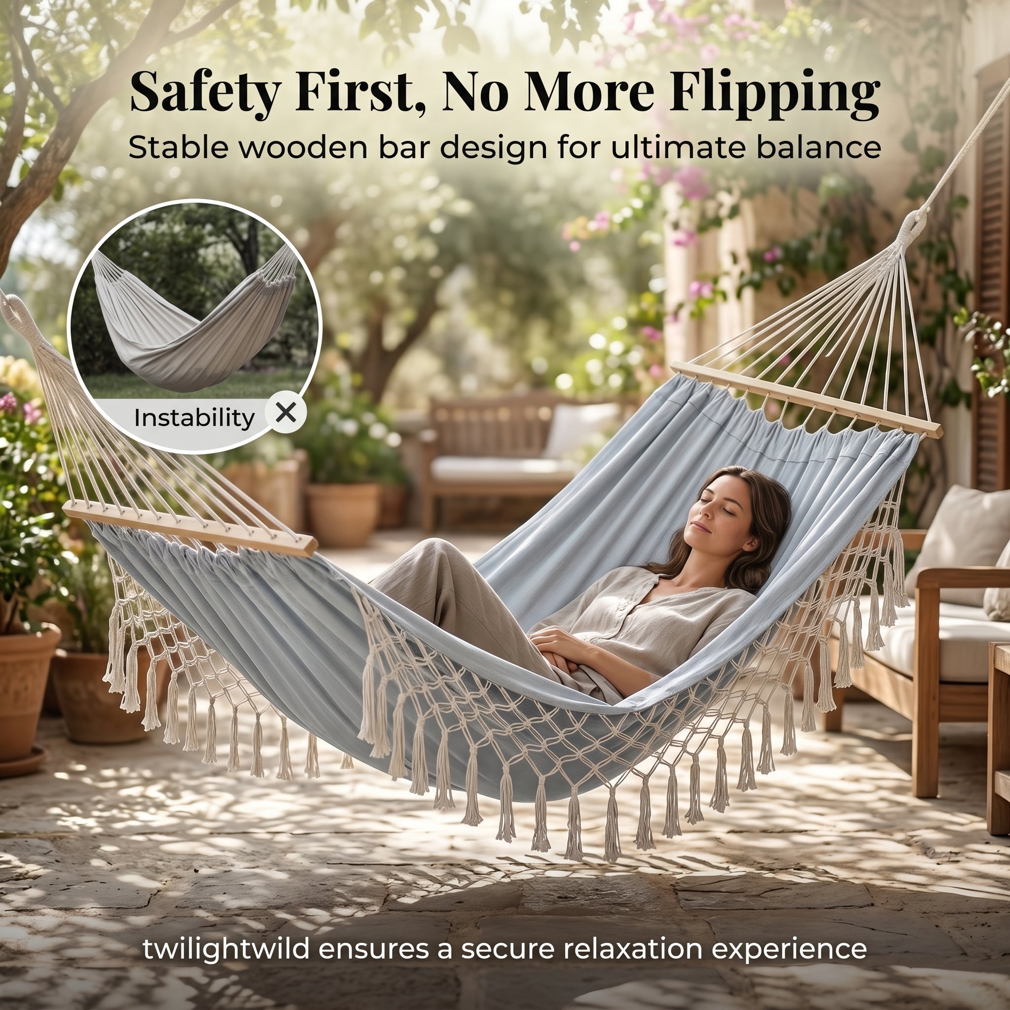 Anti-tipping Sleeping Hammock With Wooden Sticks Tassels and Lace Trim