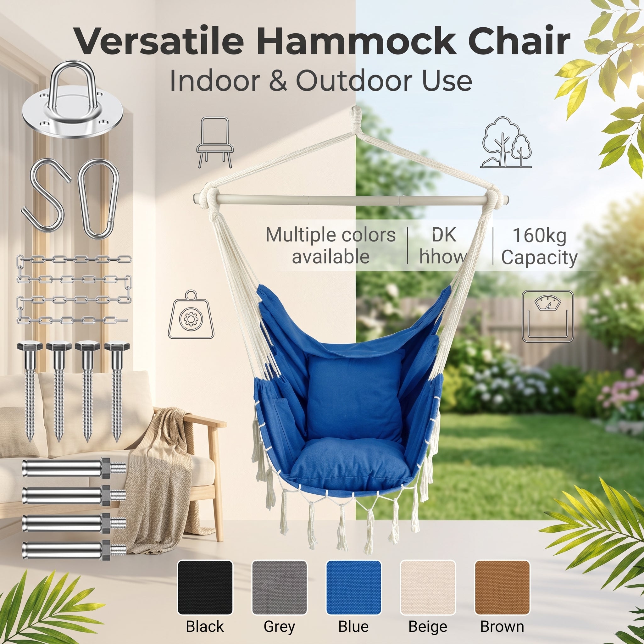 Premium Hanging Hammock Chair with Cushion - Cotton Blend, Indoor/Outdoor Swing Chair