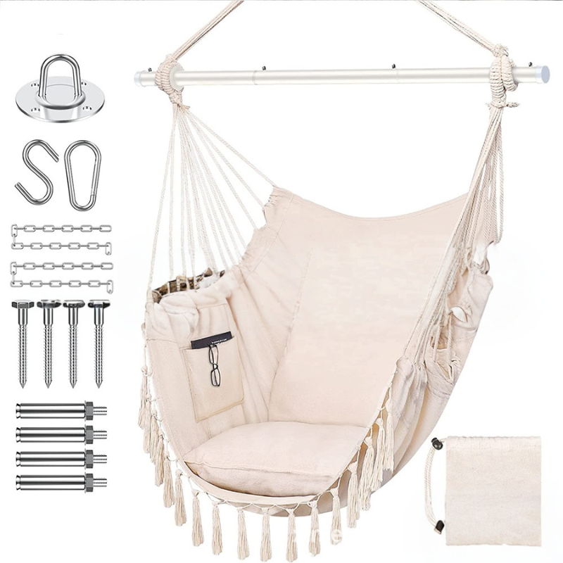 Premium Hanging Hammock Chair with Cushion - Cotton Blend, Indoor/Outdoor Swing Chair