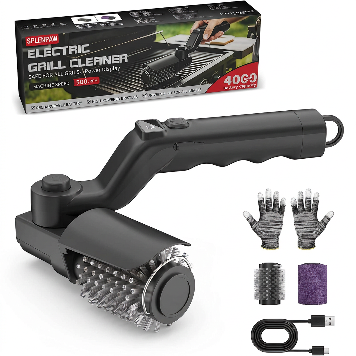 Electric Grill Cleaner 500 RPM Rechargeable BBQ Brush with Power Display - B2