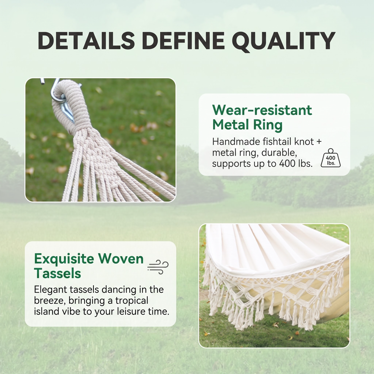 Outdoor Boho Hammock Cotton Canvas Off-white Swing Bed Tassel -H43