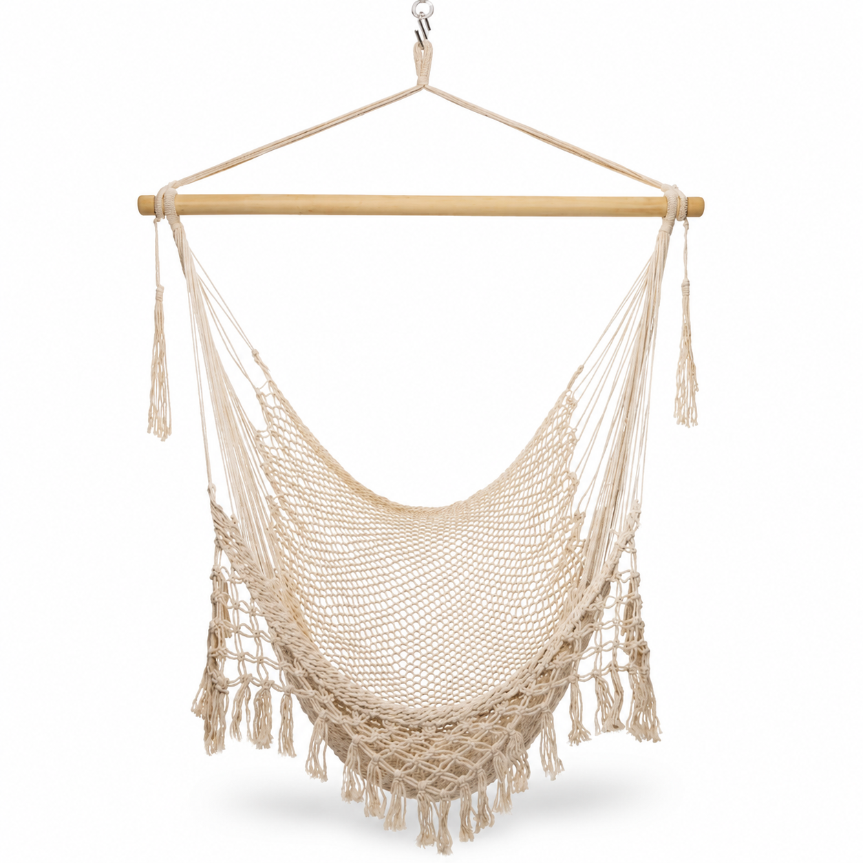 Boho Handwoven Cotton Hammock Chair with Wooden Spreader Bar