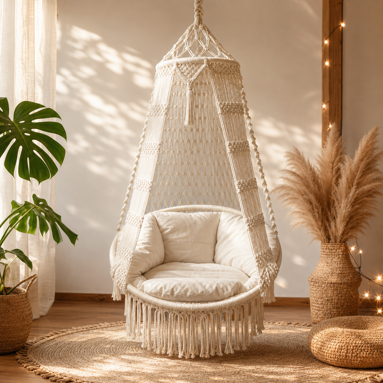 Luxury Boho Cotton Rope Hanging Chair with Cushion