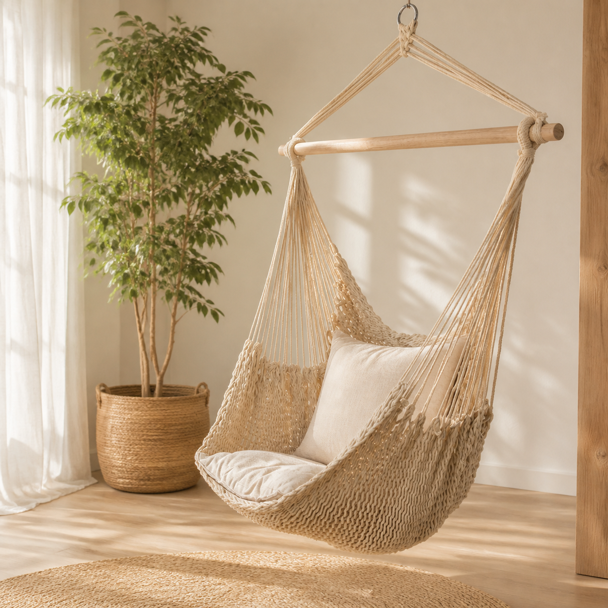 Modern Cotton Rope Hammock Chair with Wooden Spreader Bar