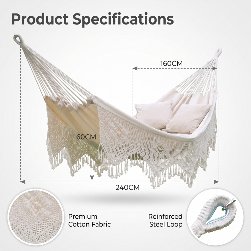 Outdoor Boho Hammock Cotton Canvas Off-white Swing Bed Tassel -H43