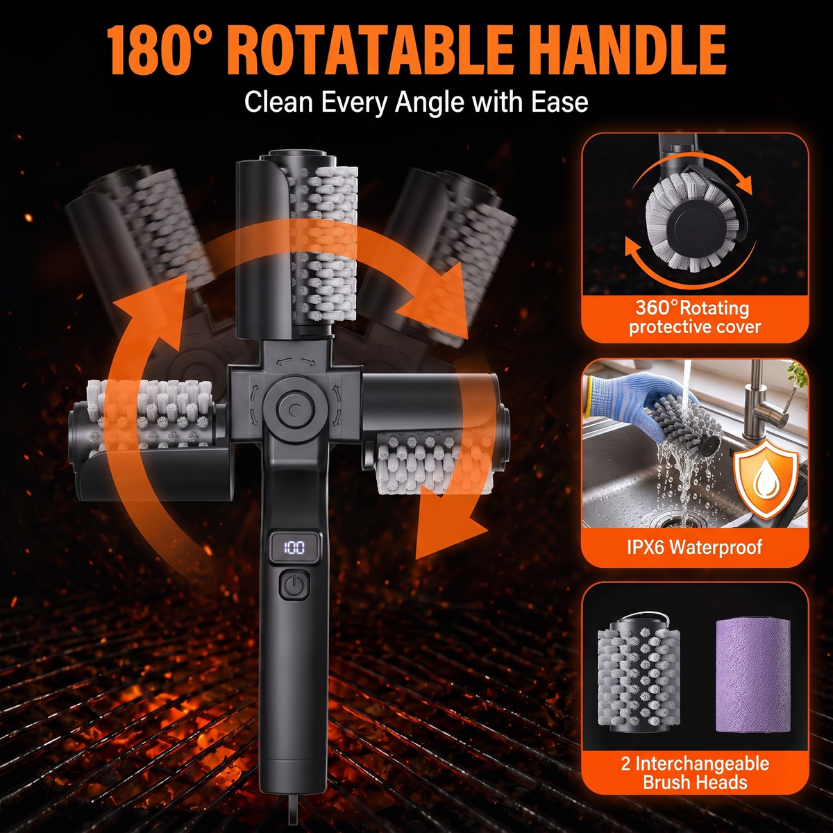 Electric Grill Cleaner 500 RPM Rechargeable BBQ Brush with Power Display - B2