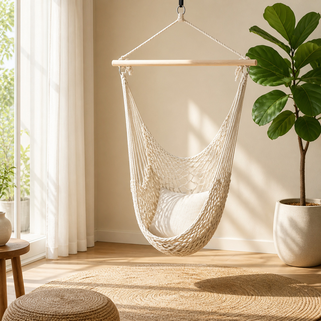 Cotton Rope Hammock Chair with Wooden Spreader Bar