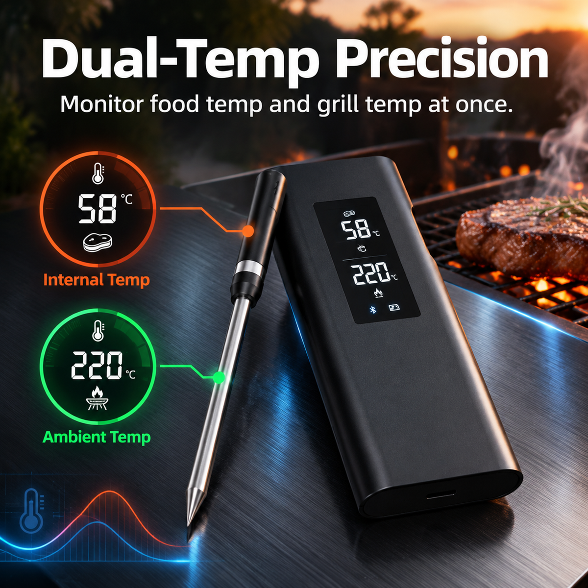 Long-Range Wireless Meat Thermometer – Dual-Temp BBQ Probe with App Alerts-T19