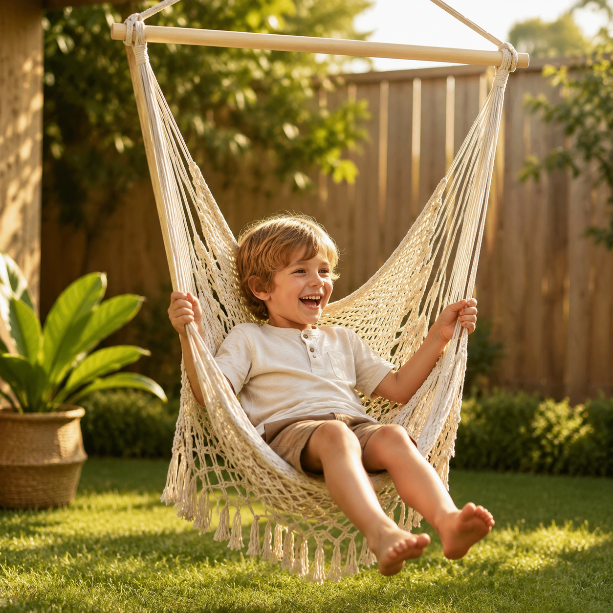 Boho Handwoven Cotton Hammock Chair with Wooden Spreader Bar