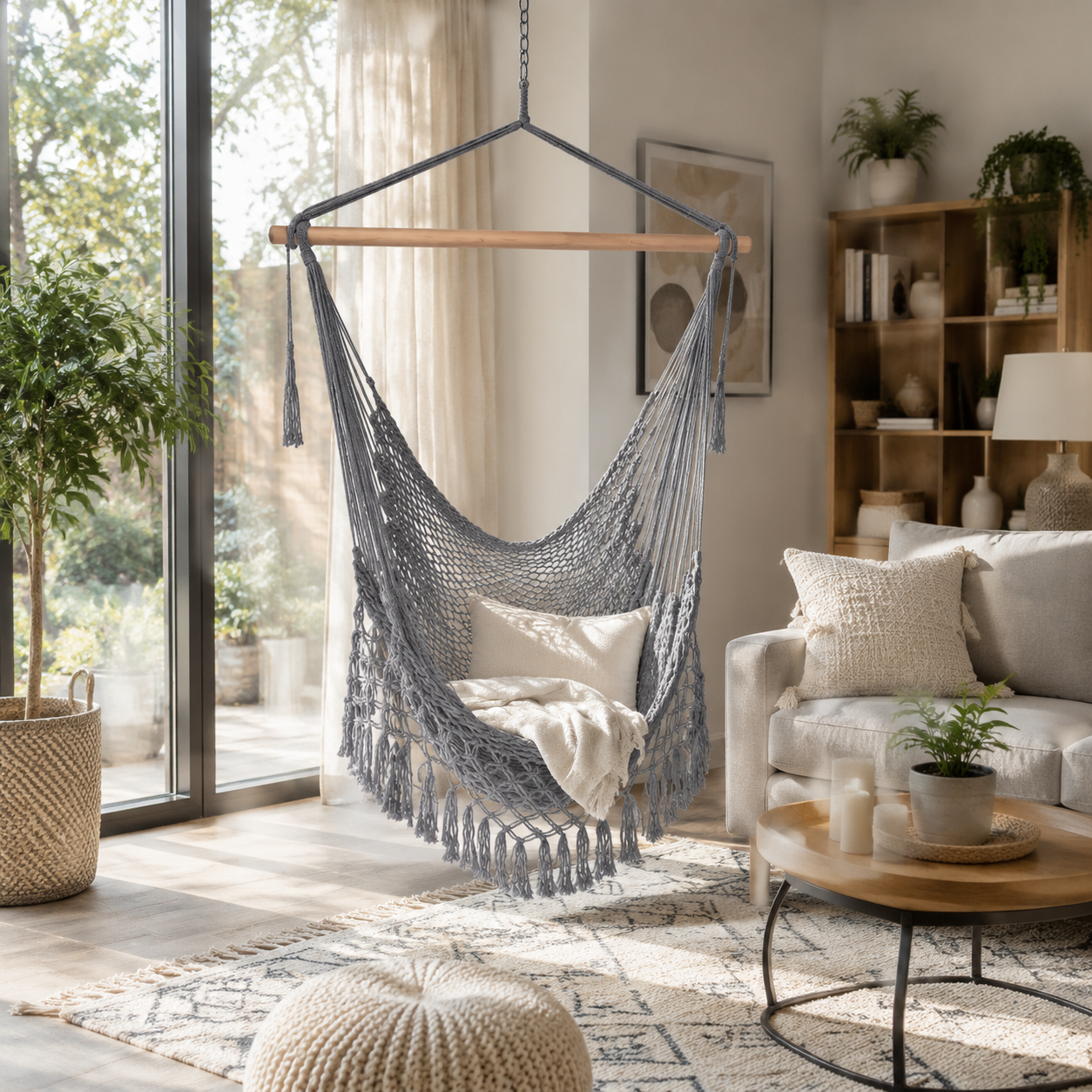 Boho Handwoven Cotton Hammock Chair with Wooden Spreader Bar