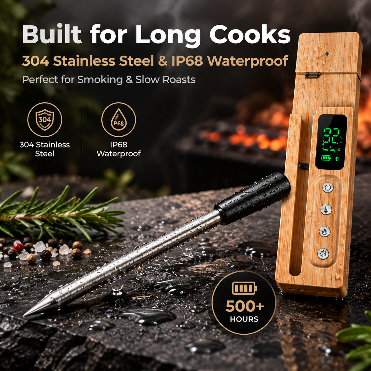 Long-Range Smart Wireless Meat Thermometer – High-Heat Ceramic Probe & App Alerts- T20