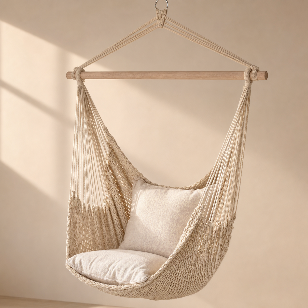 Modern Cotton Rope Hammock Chair with Wooden Spreader Bar