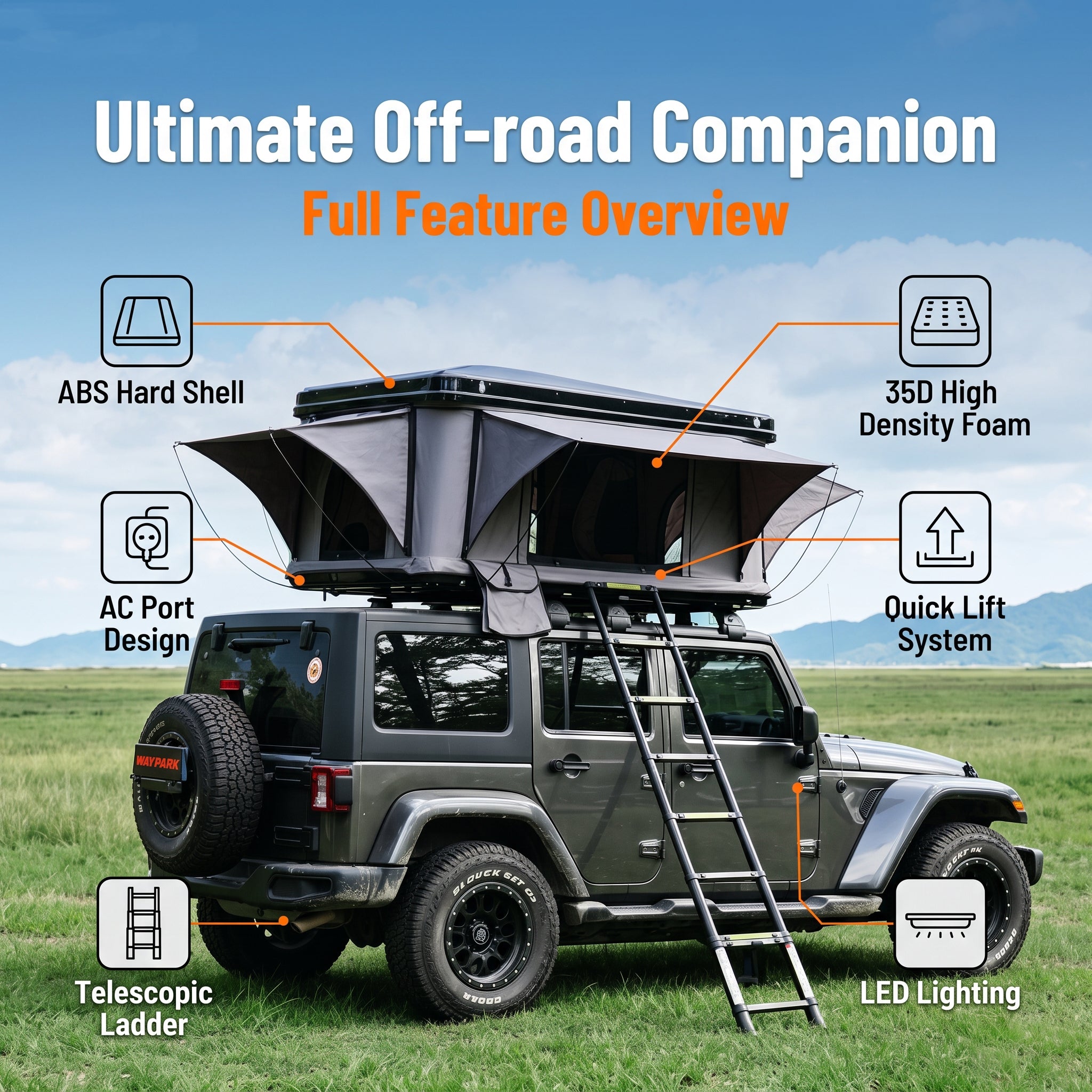 Quick Open Hardshell Roof Top Tent 3 Person Capacity for SUV Truck Jeep