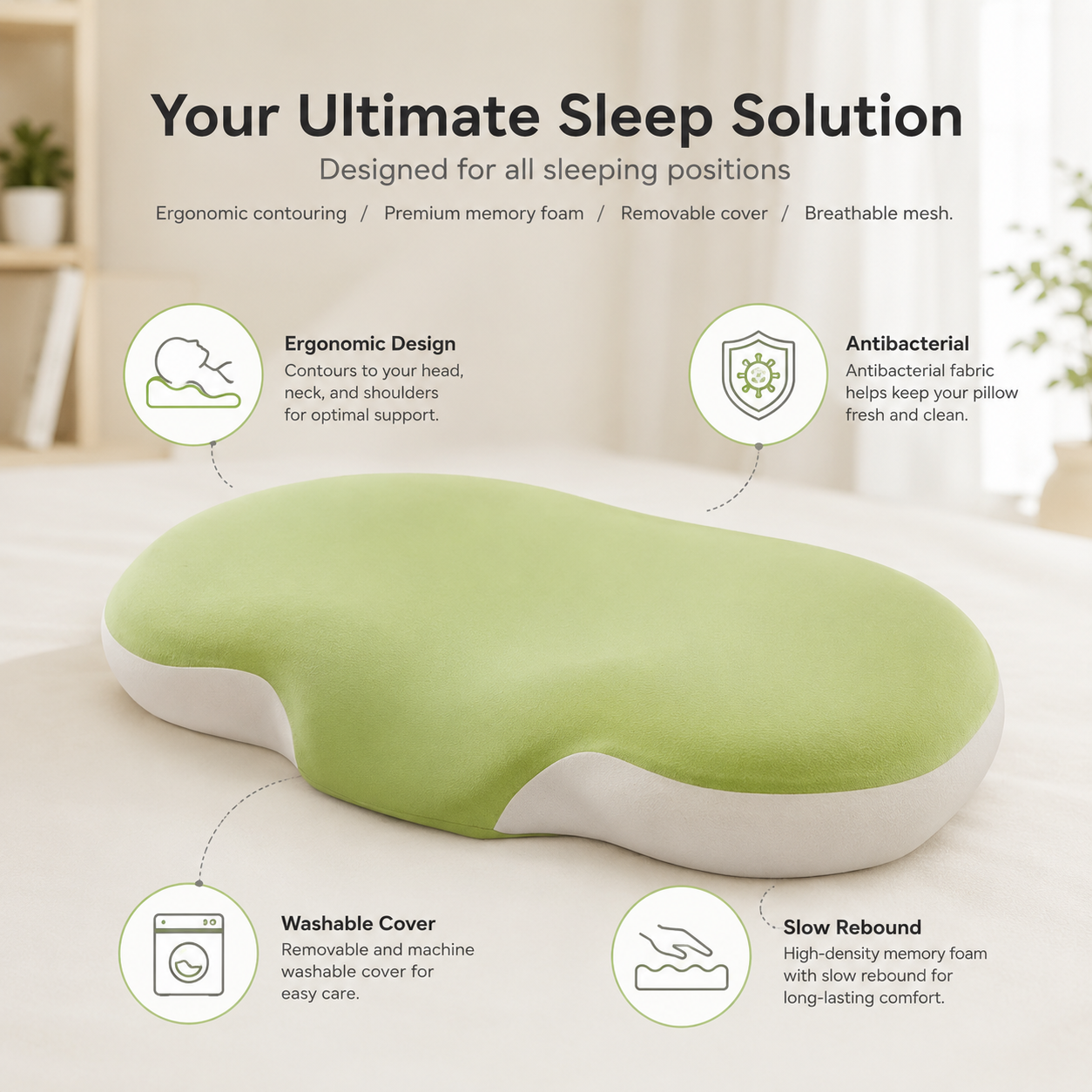 Bio-based Low-Profile Neck Pillow Ergonomically Contoured Design For Deep Sleep
