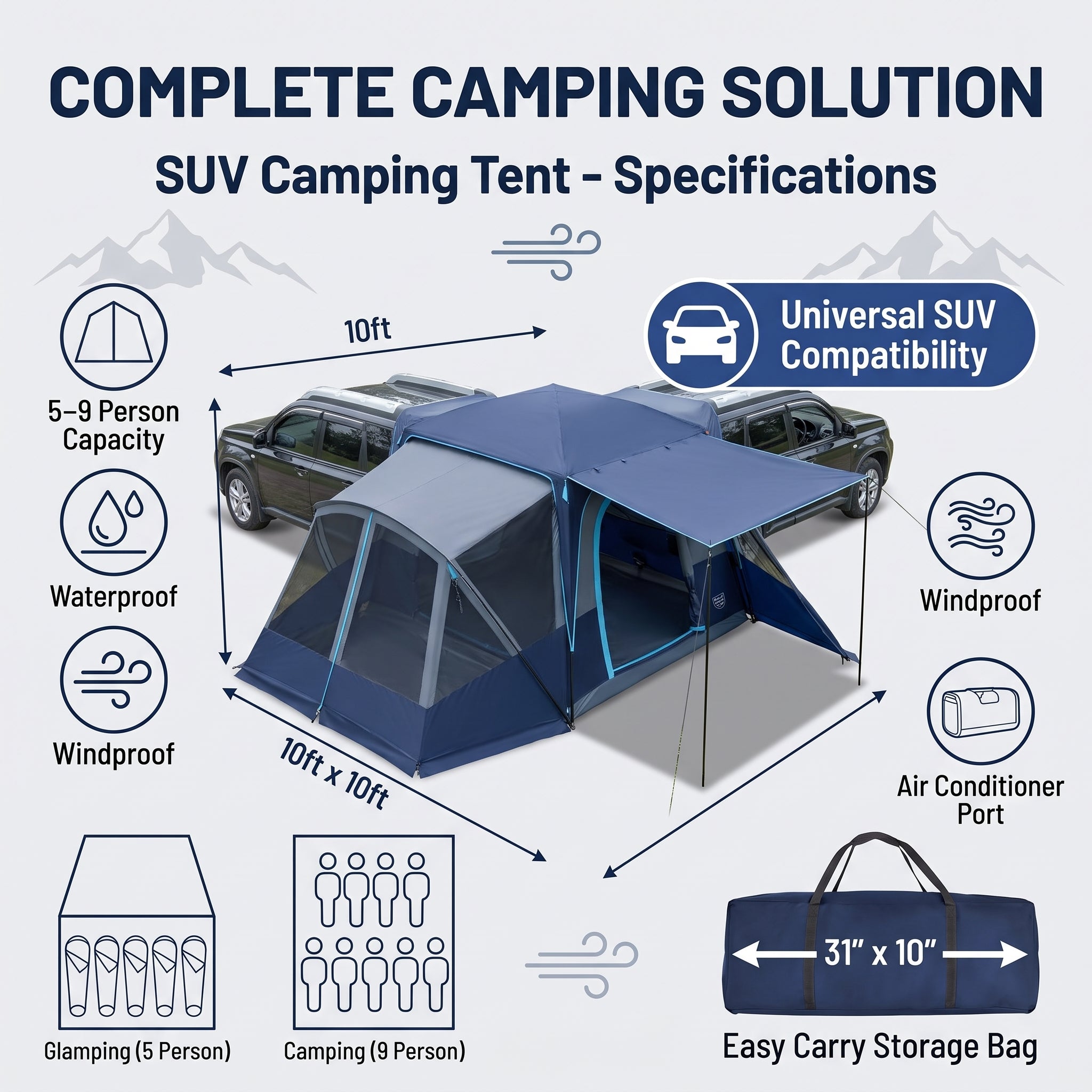 SUV CampingTent with Screened Porch and Awning Windproof and Rainproof Portable